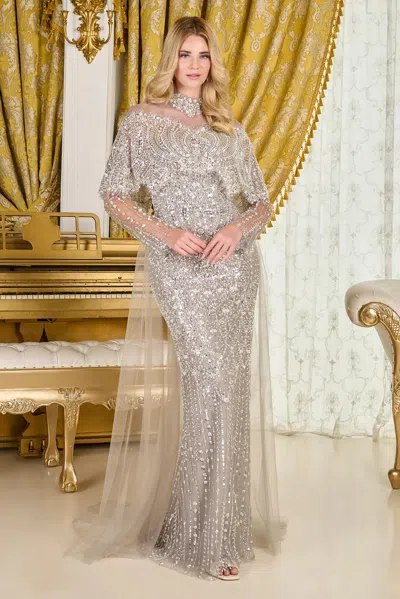 Gls Gl3705 Sequin Long Formal Beaded Cape Mother Of The Bride Dress In Silver