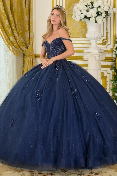 Gls Gl3712 Long Ball Gown Beaded Sequin Quinceanera Dress In Blue