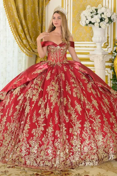 Gls Gl3791 Long Quinceanera Beaded Corset Ball Gown Dress In Burgundy