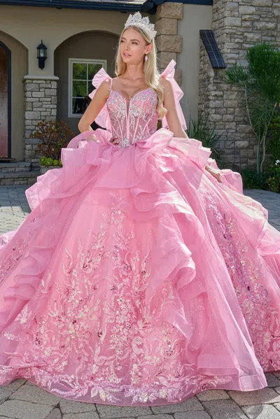 Gls Gl3804 Long Quinceanera Ball Gown Beaded Sequin Dress In Pink