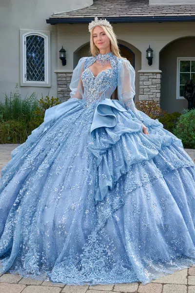Gls Gl3806 Sequin Ruffle Corset Long Ball Gown Quinceniera Dress In Blue