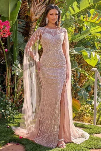 Gls Gl3831 Long Mother Of The Bride Fitted Beaded Sequin Dress In Pink