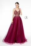 Gls Gliiter Mesh A-line Long Prom Dress In Burgundy