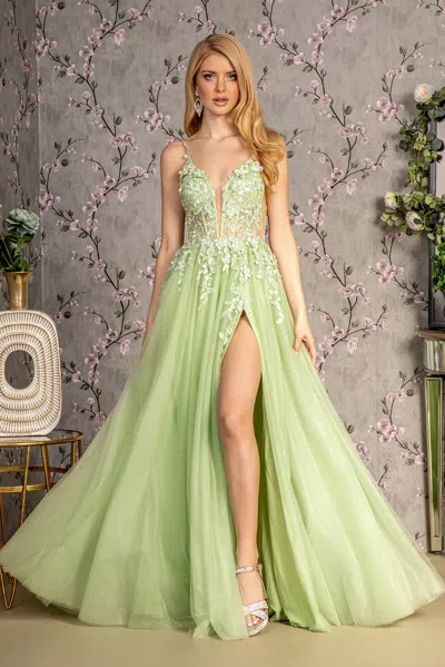 Gls Glitter A Line Long Formal Prom Gown In Green