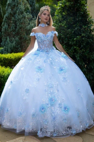 Gls Glitter Applique Long Ball Gown Long Cape Quinceanera Dress In Blue