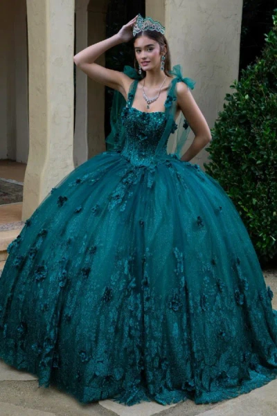 Gls Glitter Applique Long Quinceanera Dress In Green