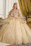 Gls Glitter Long Ball Gown Metallic Sequin Quinceanera Dress In Gold