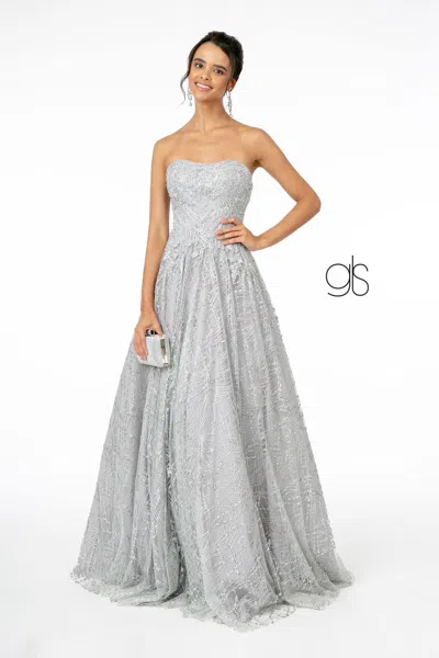 Gls Glitter Mesh A-line Long Prom Dress In Silver