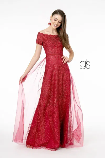 Gls Glitter Print Mesh Long Prom Dress In Red