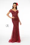 Gls Glitter Tulle Short Sleeve Mermaid Long Prom Dress In Burgundy