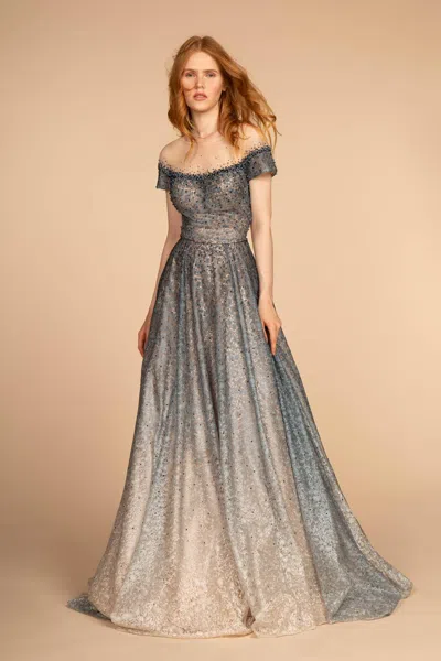 Gls Grey Blue Long Prom Dress With Cap Sleeves In Multi