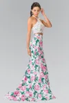 Gls Halter-neck Two-piece Floral Print Long Prom Dress In White