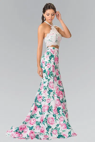 Gls Halter-neck Two-piece Floral Print Long Prom Dress In White