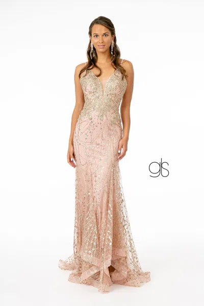 Gls Illusion Deep Long Prom Mermaid Dress In Gold