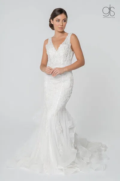 Gls Ivory Long Sleeveless Mermaid Wedding Gown With Ruffled Train In White