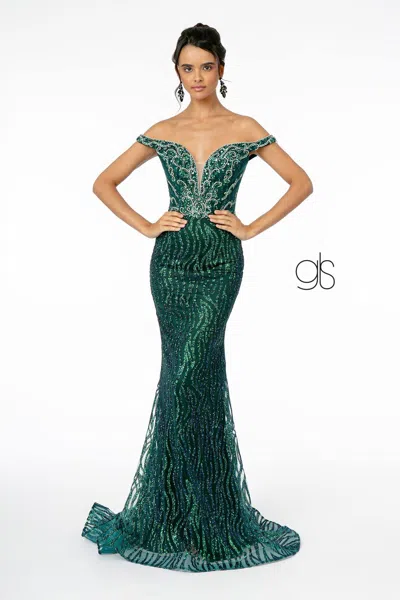 Gls Jewel Embellished Bodice Glitter Mesh Long Prom Dress In Green