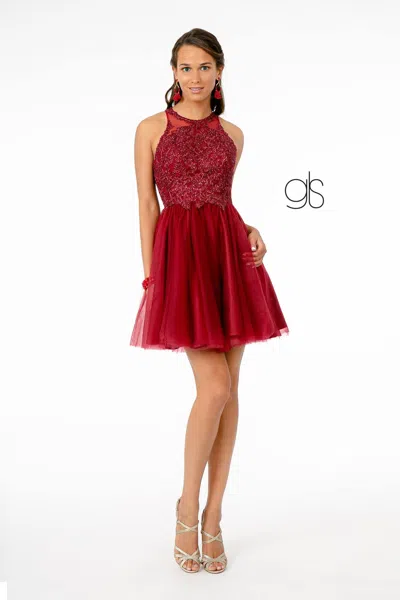 Gls Jewel Embellished Embroidery Tulle Short Dress W/ Strap Back In Burgundy