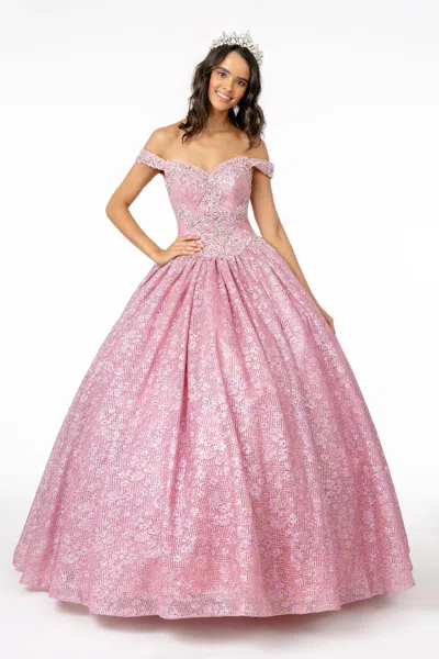 Gls Jewel Embellished Glitter Netting Quinceanera Dress In Pink