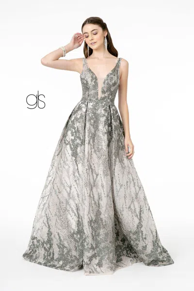 Gls Jewel Embellished Lace Long Prom Dress In Gray