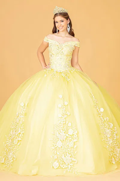 Gls Jewel Embellished Long Mesh Quincenera Dress In Yellow