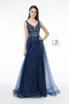 Gls Jeweled Bodice Glitter Mesh A-line Long Prom Dress In Blue
