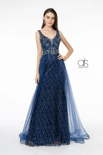Gls Jeweled Bodice Glitter Mesh A-line Long Prom Dress In Blue