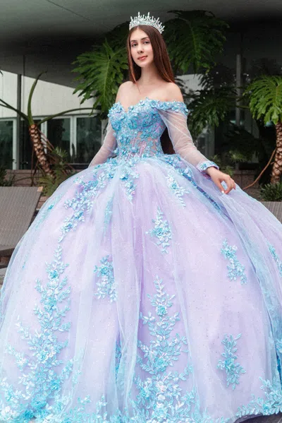 Gls Long 3d Floral Applique Sweet 16 Quinceanera Dress In Blue
