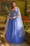 Gls Long A Line Beaded Sequin Cape Sleeve Formal Dress In Blue