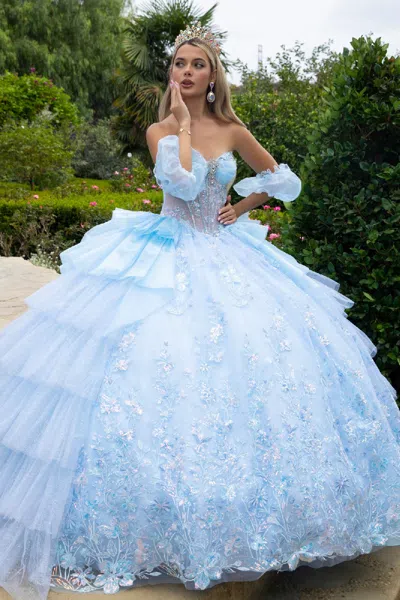 Gls Long Ball Gown Detachable Sleeve Quinceanera Dress In Blue