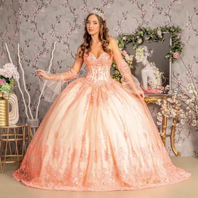 Gls Long Ball Gown Detachable Sleeves Quinceanera Dress In Pink