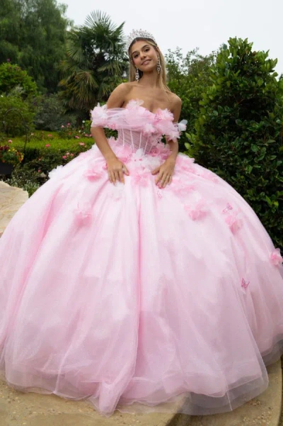Gls Long Ball Gown Glitter 3d Floral Applique Quinceanera Dress In Pink