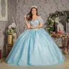 Gls Long Ball Gown Glitter Quinceanera Dress In Blue
