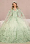 Gls Long Ball Gown Quinceanera Cape Dress In Green