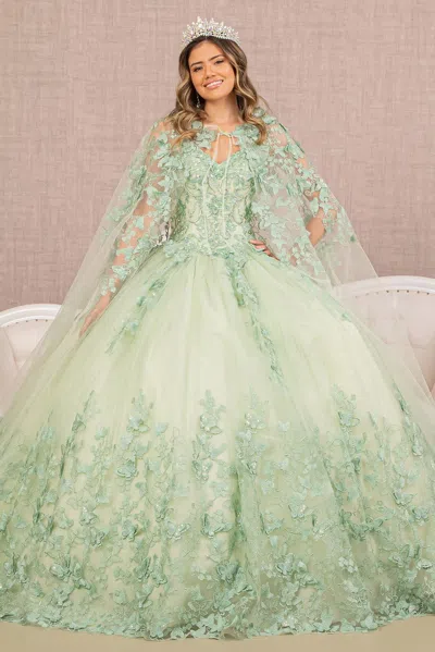 Gls Long Ball Gown Quinceanera Cape Dress In Green