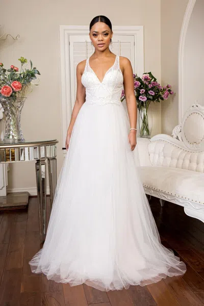 Gls Long Beaded Glitter Mesh Wedding Dress In White