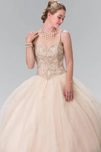 Gls Long Beaded Strap Quinceanera Dress In Gold