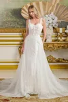 Gls Long Bridal Corset Beaded Sequin Overskirt Wedding Dress In White