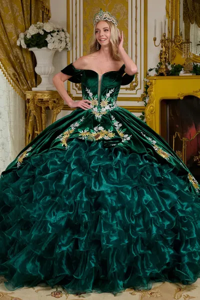 Gls Long Corset Ball Gown Velvet Quinceanera Dress In Green