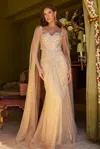Gls Long Fitted Formal Beaded Fringe Cape Dress In Nude