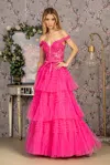 Gls Long Formal 3d Flower A Line Prom Dress In Pink