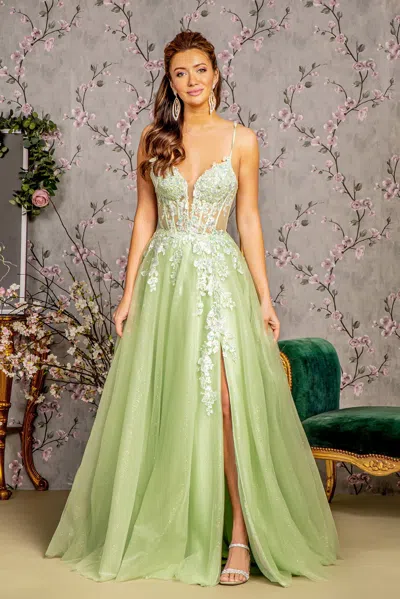 Gls Long Formal A Line Slit Prom Dress In Green