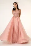 Gls Long Formal Cap Sleeve Beaded A Line Prom Dress In Pink