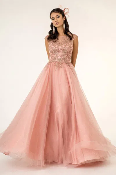 Gls Long Formal Cap Sleeve Beaded A Line Prom Dress In Pink