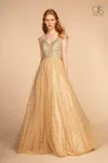 Gls Long Formal Cap Sleeve Glitter Print Skirt Prom Dress In Gold