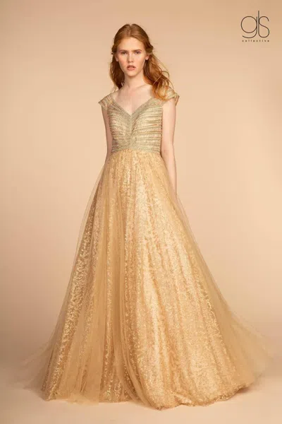 Gls Long Formal Cap Sleeve Glitter Print Skirt Prom Dress In Gold