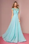 Gls Long Formal Cap Sleeve Ruched Bodice Prom Dress In Blue
