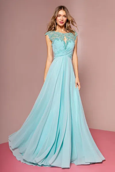 Gls Long Formal Cap Sleeve Ruched Bodice Prom Dress In Blue
