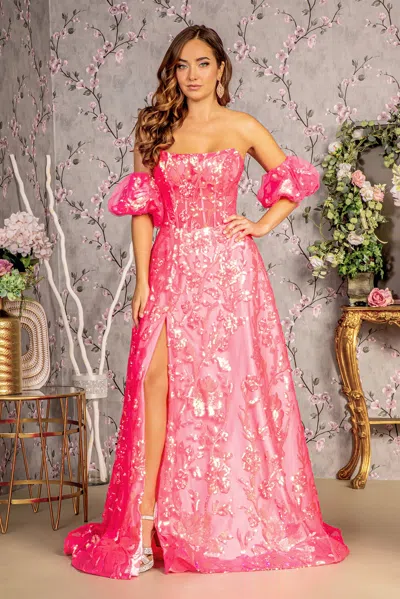 Gls Long Formal Detachable Sleeve Sequin Prom Dress In Pink