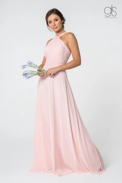 Gls Long Formal Halter Bridesmaids Chiffon Prom Dress In Pink