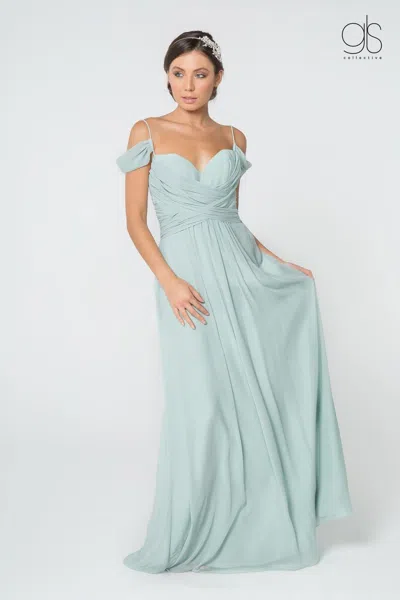Gls Long Formal Off Shoulder Ruched Chiffon Prom Dress In Green